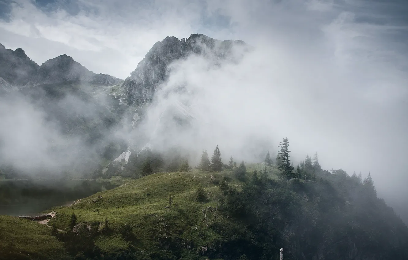 Photo wallpaper the sky, clouds, trees, mountains, nature, fog, lake, rocks
