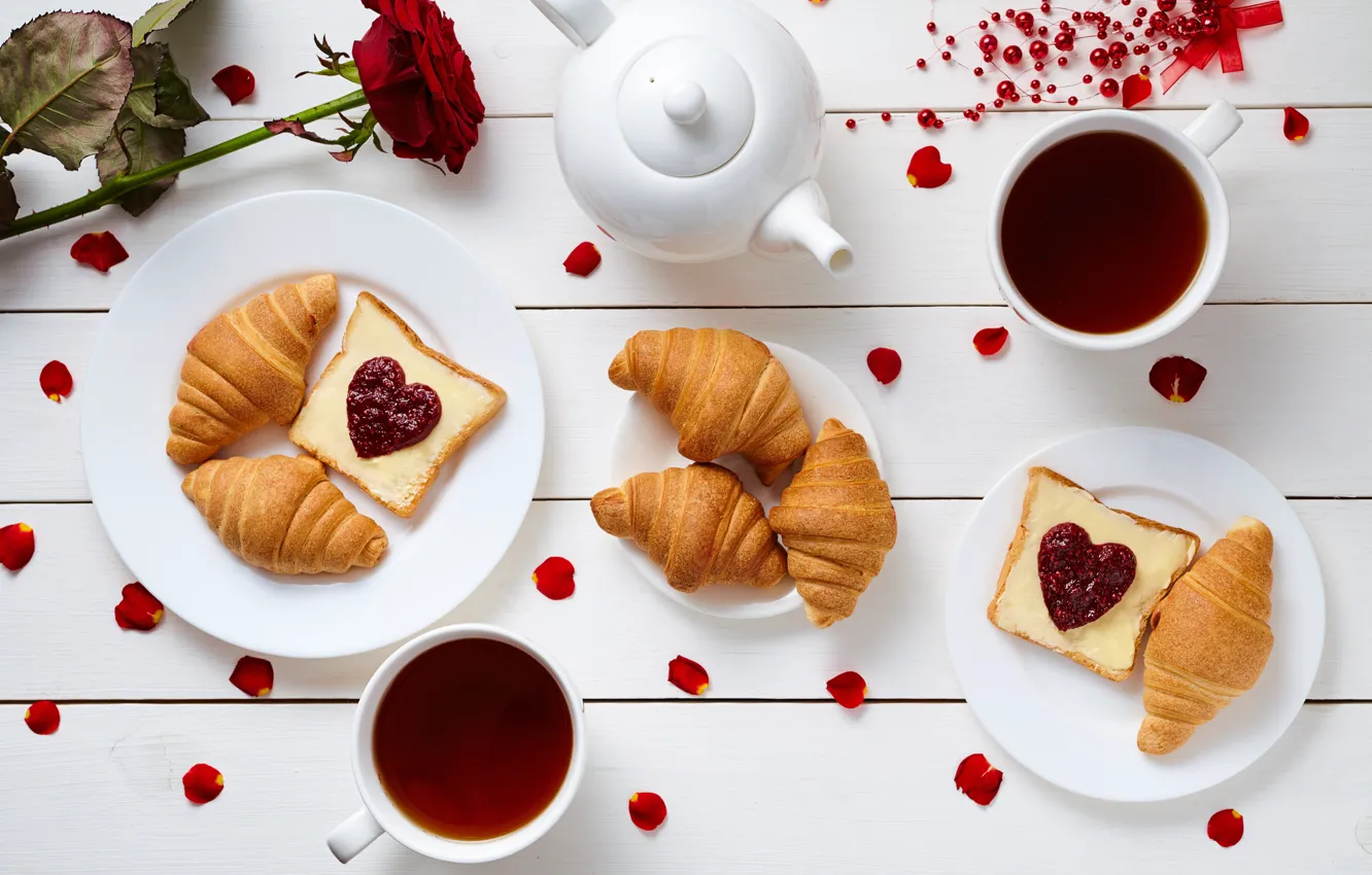 Photo wallpaper coffee, Breakfast, hearts, love, rose, heart, cup, romantic