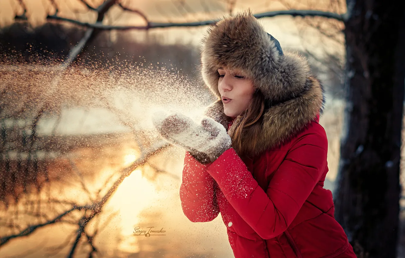 Photo wallpaper girl, snow, mood, hat, mittens, Sergei Timashev