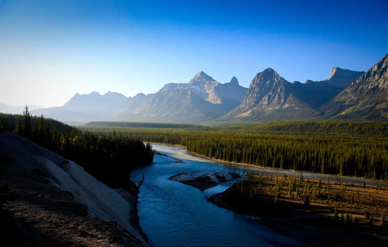 Photo wallpaper forest, the sky, the sun, landscape, mountains, nature, river, slope