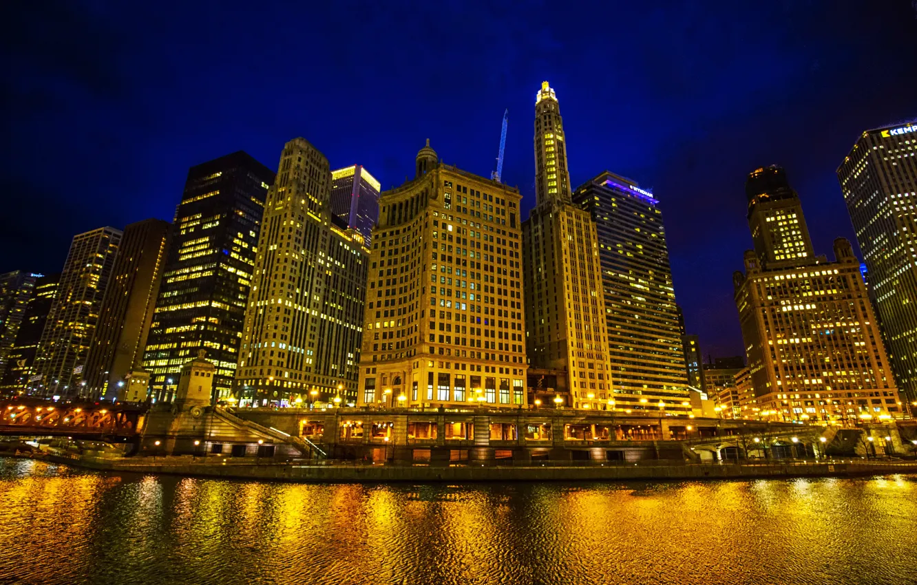 Photo wallpaper night, lights, river, home, skyscrapers, Chicago, lights, USA