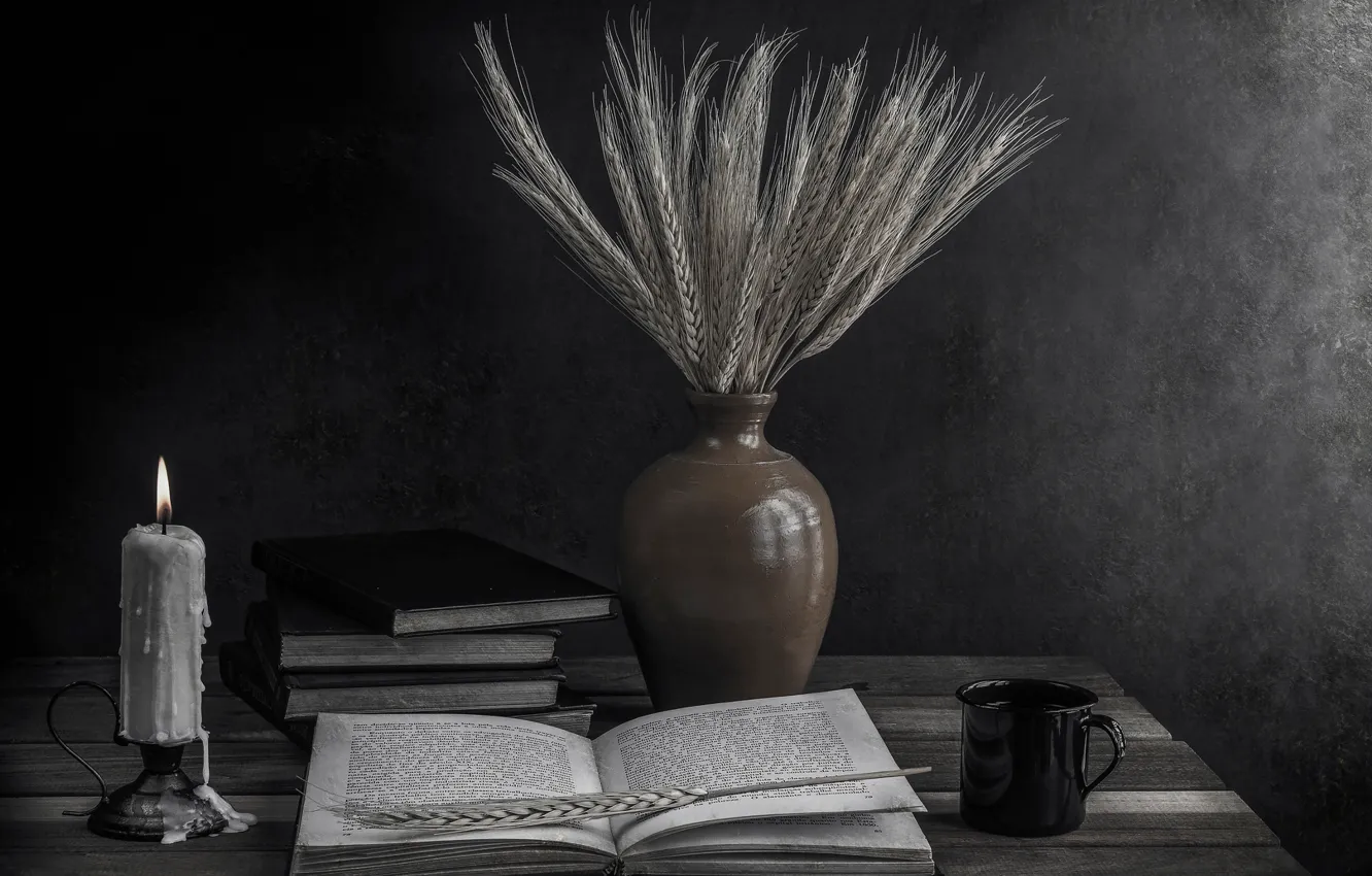 Photo wallpaper books, candle, ears, The light of knowledge