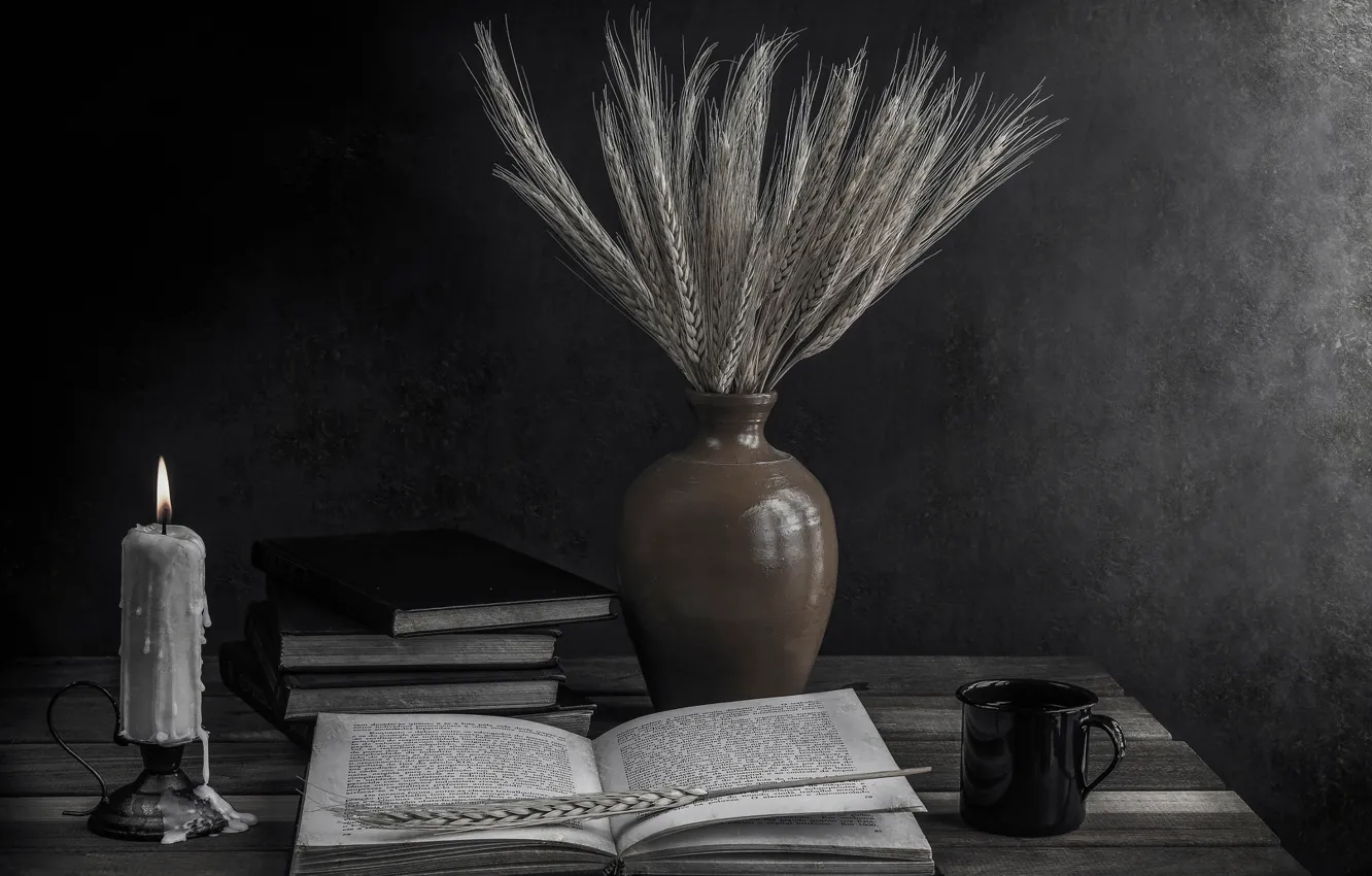 Photo wallpaper candles, book, ears, The light of knowledge