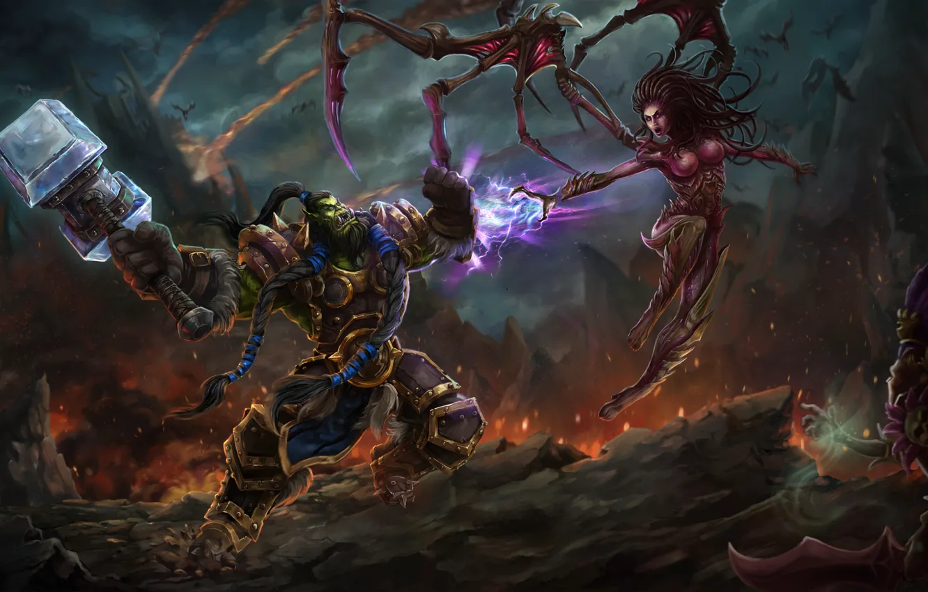 Photo wallpaper the game, battle, art, location, Heroes of the Storm, Thrall vs Kerrigan