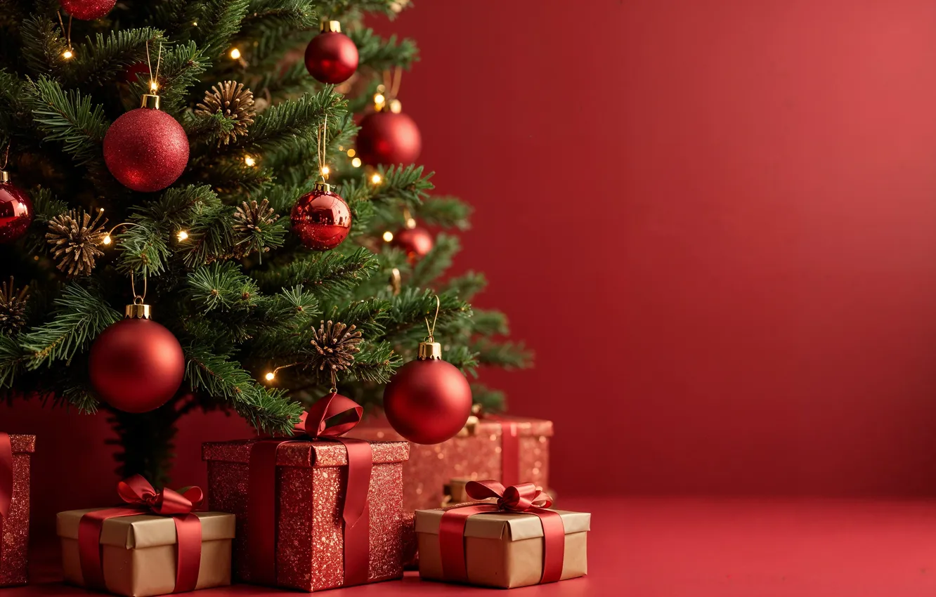 Photo wallpaper decoration, gift, tree, new year, Christmas, red, Christmas, tree