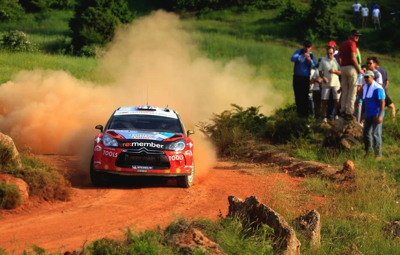 Photo wallpaper machine, auto, red, sport, lights, people, dust, turn