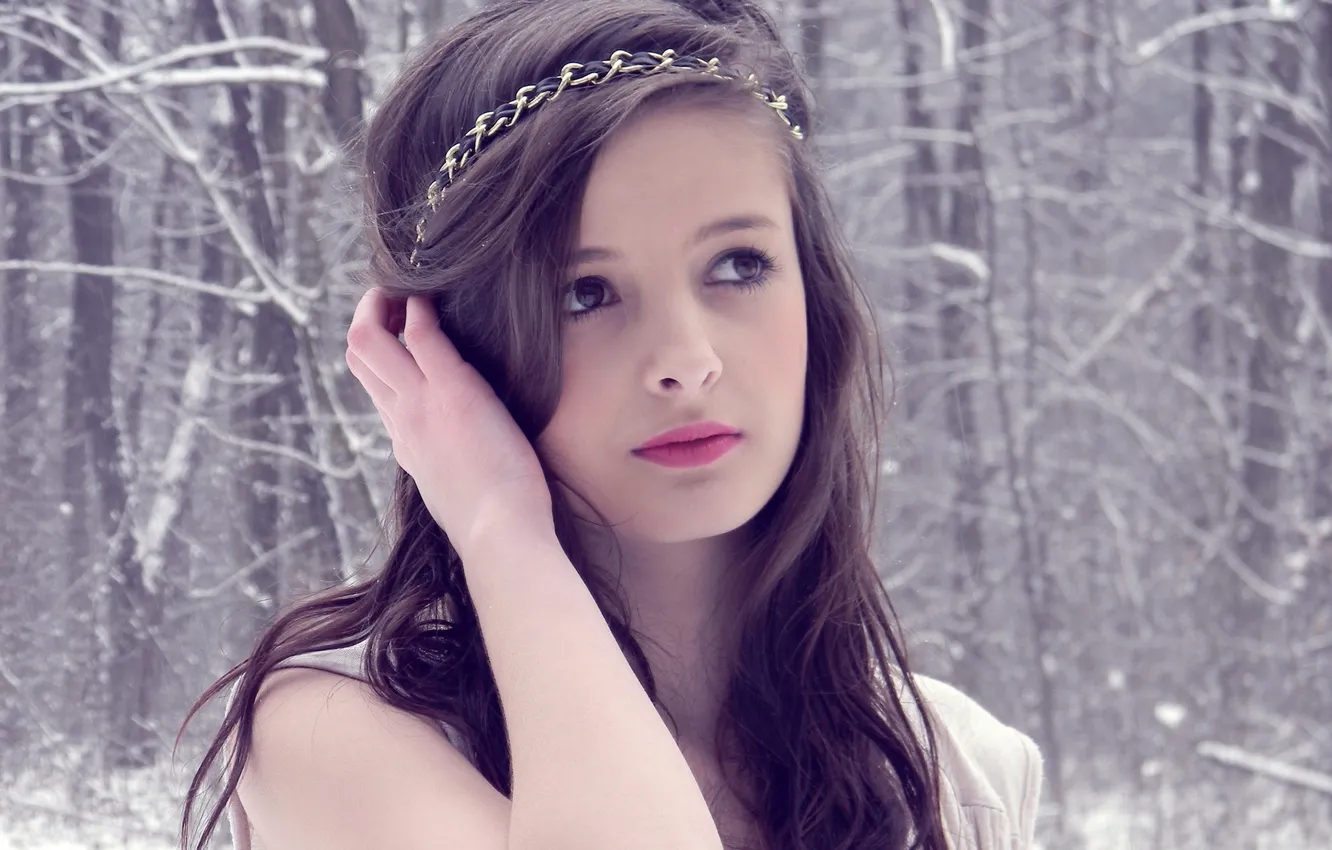 Photo wallpaper winter, forest, look, girl, snow, red, sweetheart, brunette