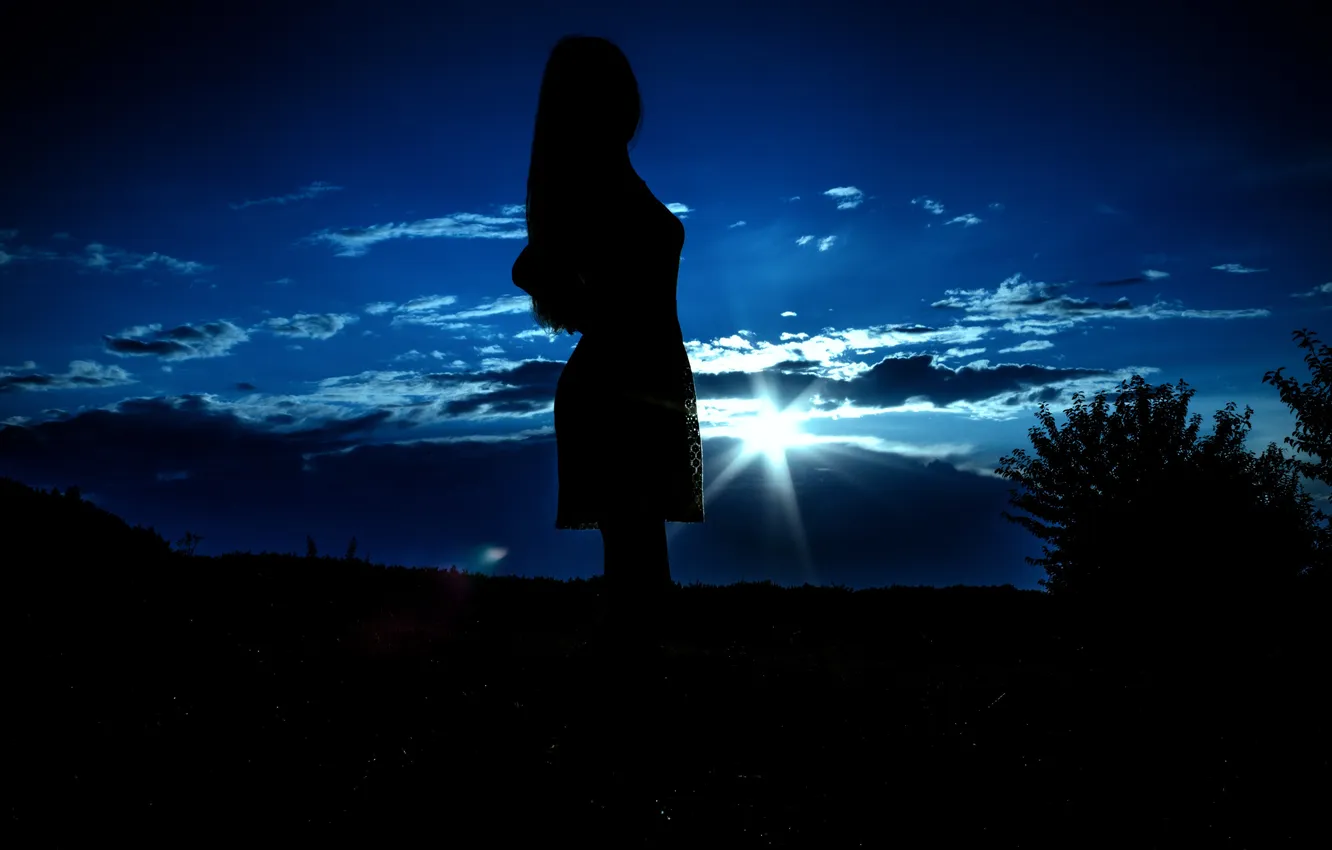 Photo wallpaper the sky, girl, clouds, night, pose, hair, dress, silhouette