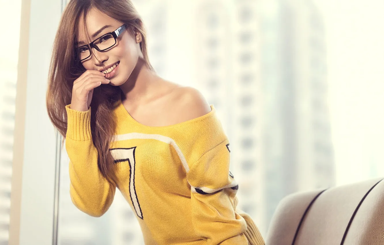 Photo wallpaper girl, smile, glasses, girl, brown hair, Asian, model, sweater