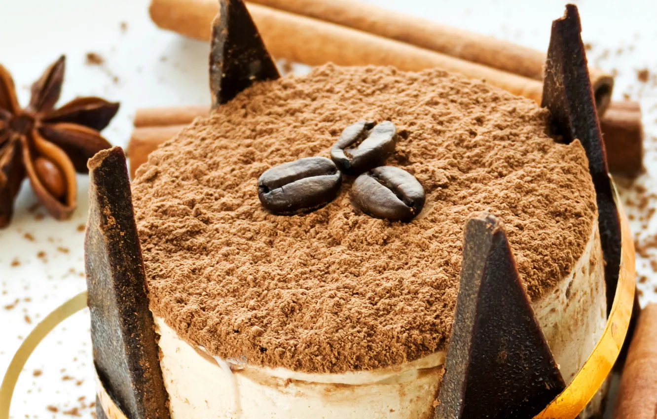 Photo wallpaper coffee, chocolate, grain, sticks, cake, cake, cinnamon, cream