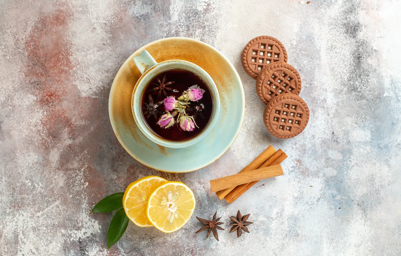 Photo wallpaper leaves, flowers, table, lemon, tea, cookies, the tea party, mug