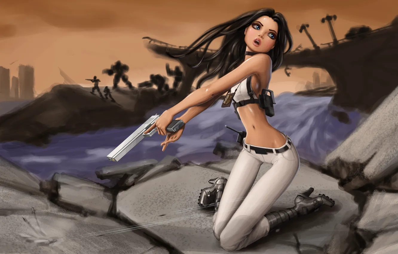 Photo wallpaper pose, gun, Girl, form, shots