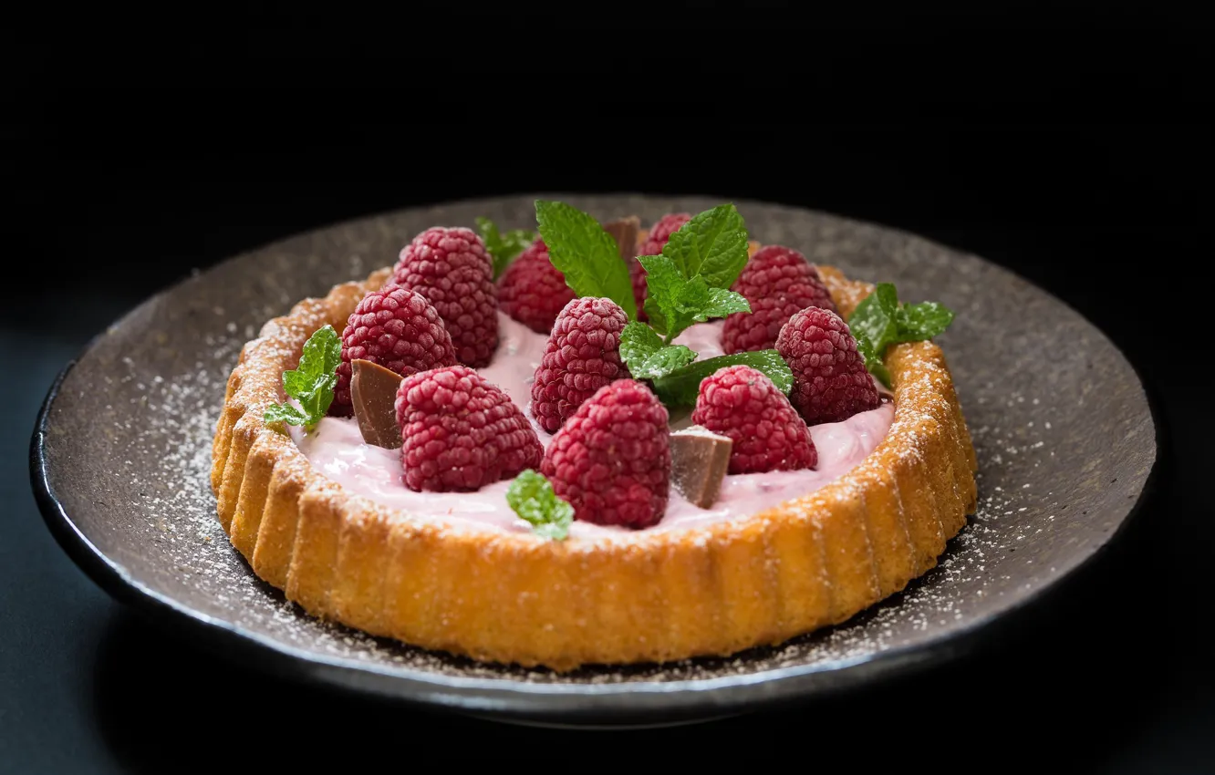 Photo wallpaper raspberry, food, chocolate, pie, mint, cream, dessert, cakes