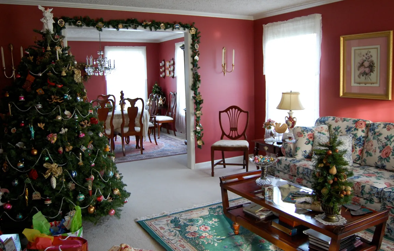 Photo wallpaper decoration, tree, new year, Christmas, Christmas, living room, New Year, dining room