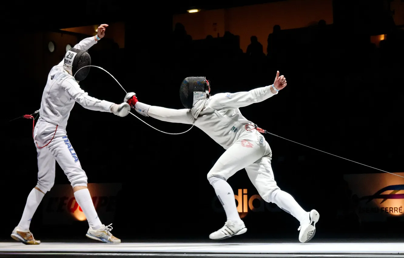 Photo wallpaper a shot, the fight, sword, fencing, the epee fencers, Italian Diego Confalonieri, Swiss Fabian Kauter, …