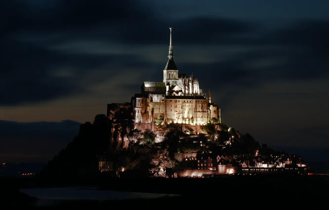 Photo wallpaper night, lights, France, backlight, Normandy, Mont-Saint-Michel, rocky island