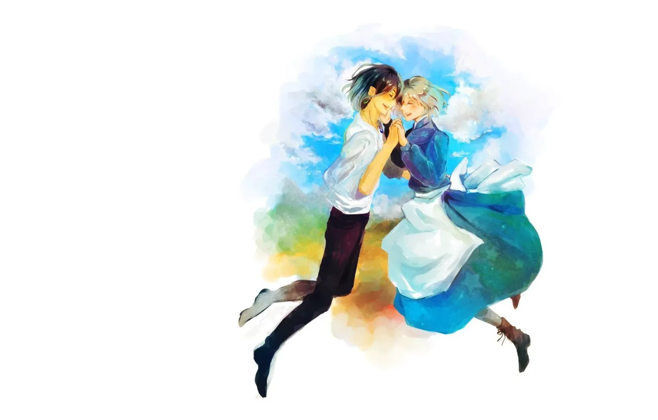 Photo wallpaper clouds, love, happiness, white background, weightlessness, howl's moving castle, apron, closed eyes