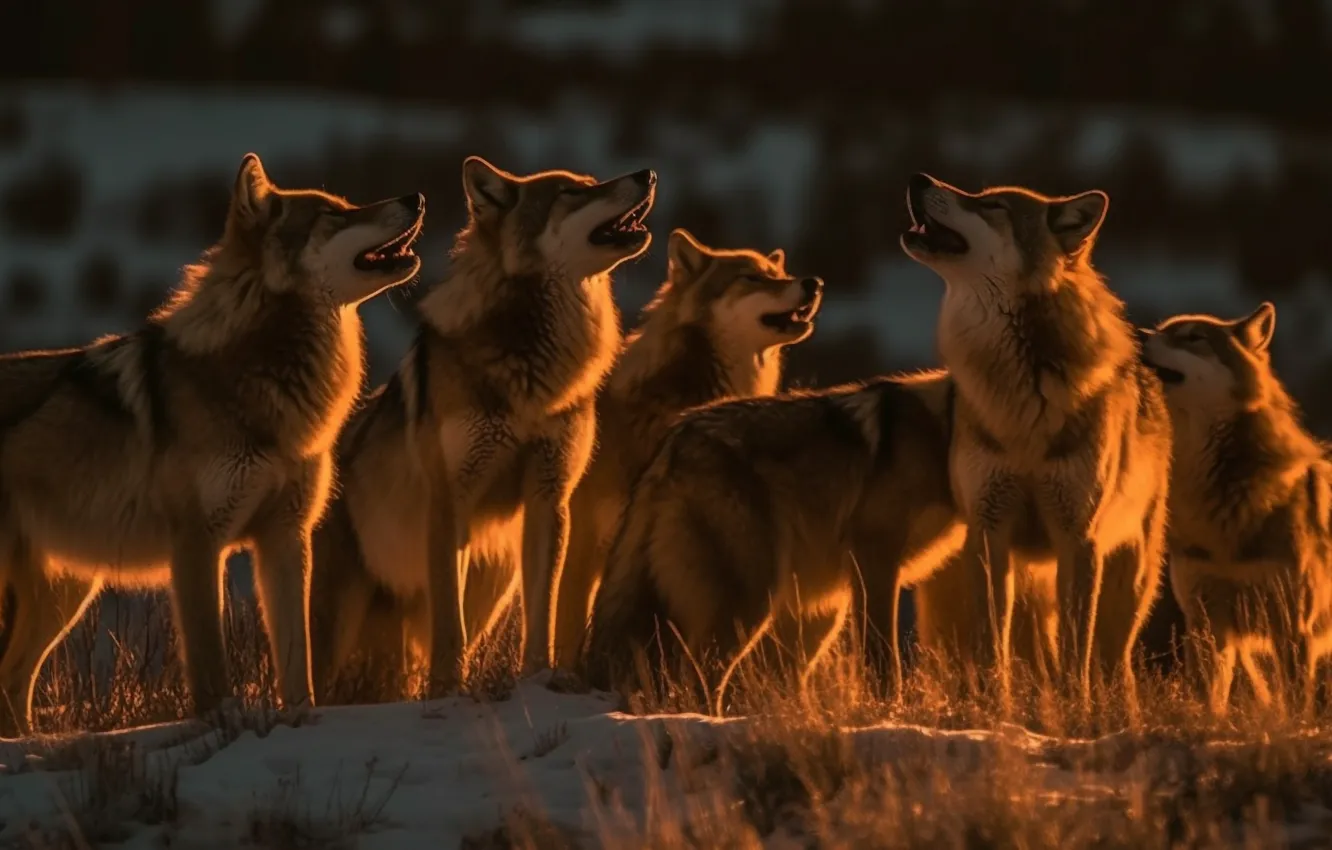 Photo wallpaper face, light, nature, pose, wolf, pack, howl, a lot