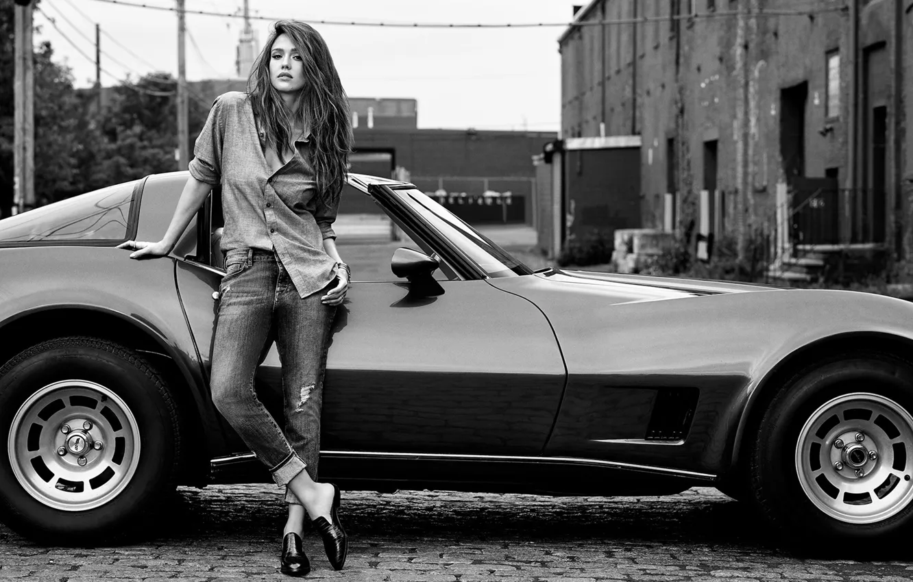Photo wallpaper auto, pose, Jessica Alba, jeans, advertising, figure, car, hairstyle