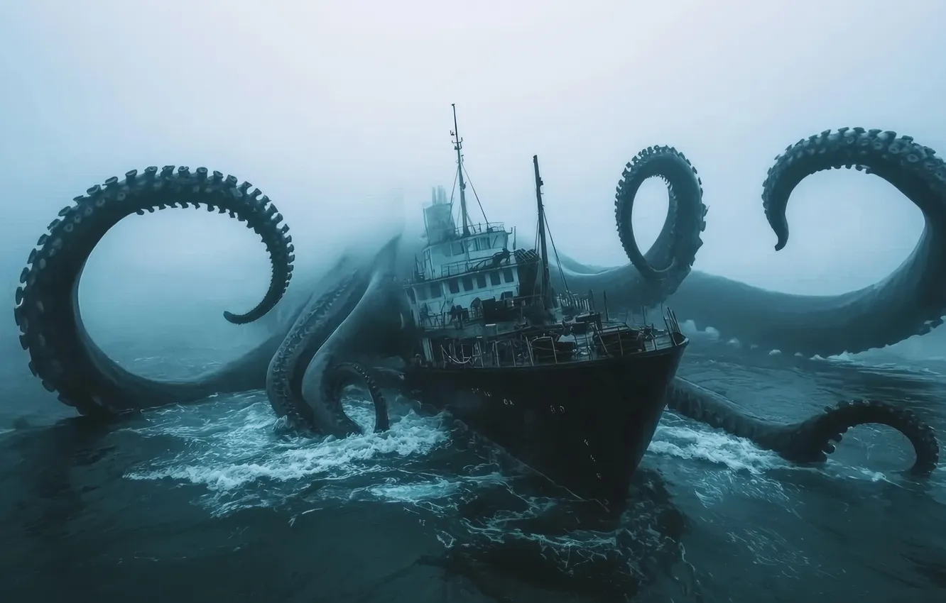 Photo wallpaper Fog, Ship, The tentacles, Attack, Digital art, Sea monster, AI art, The Art of Artificial …