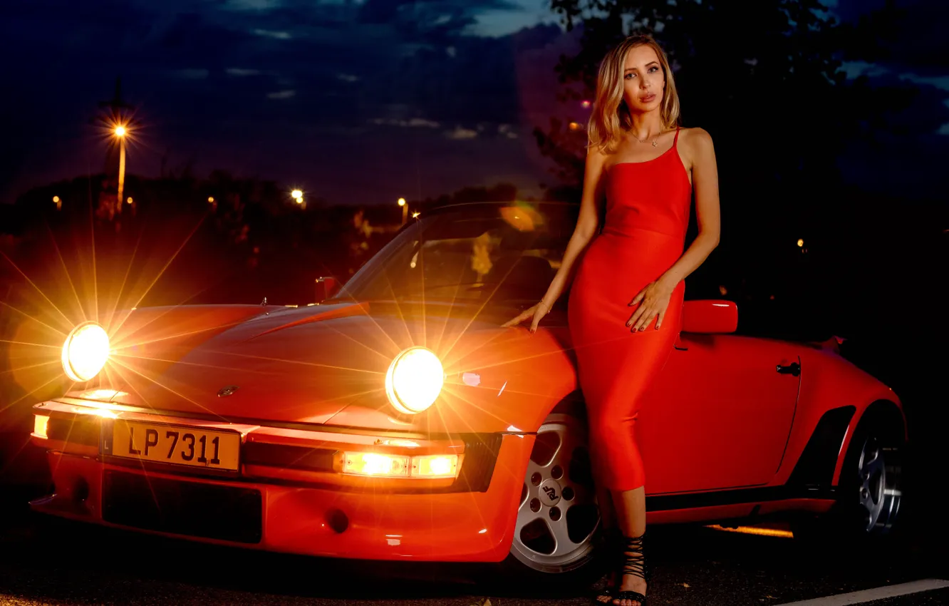 Photo wallpaper machine, auto, girl, pose, style, Porsche, figure, red dress