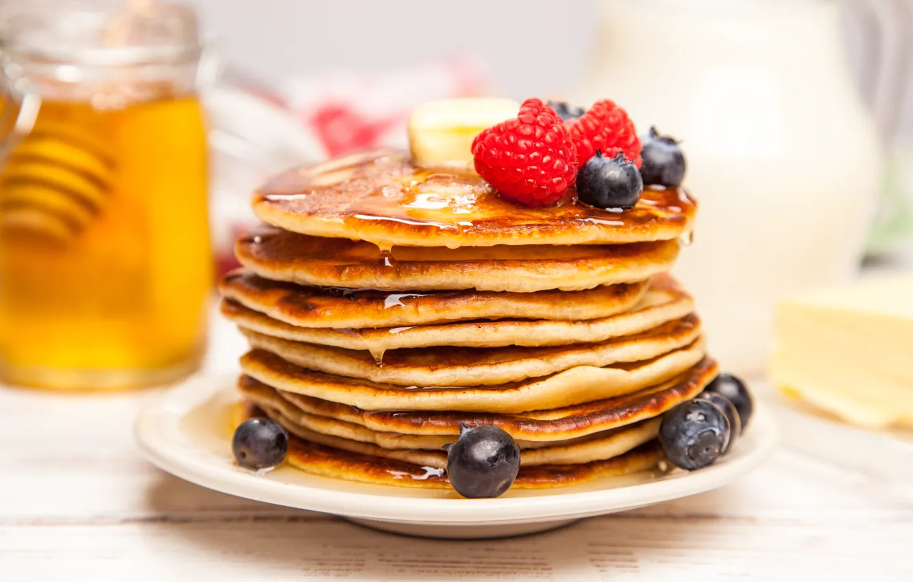 Photo wallpaper berries, blueberries, strawberry, honey, pancakes, pancakes