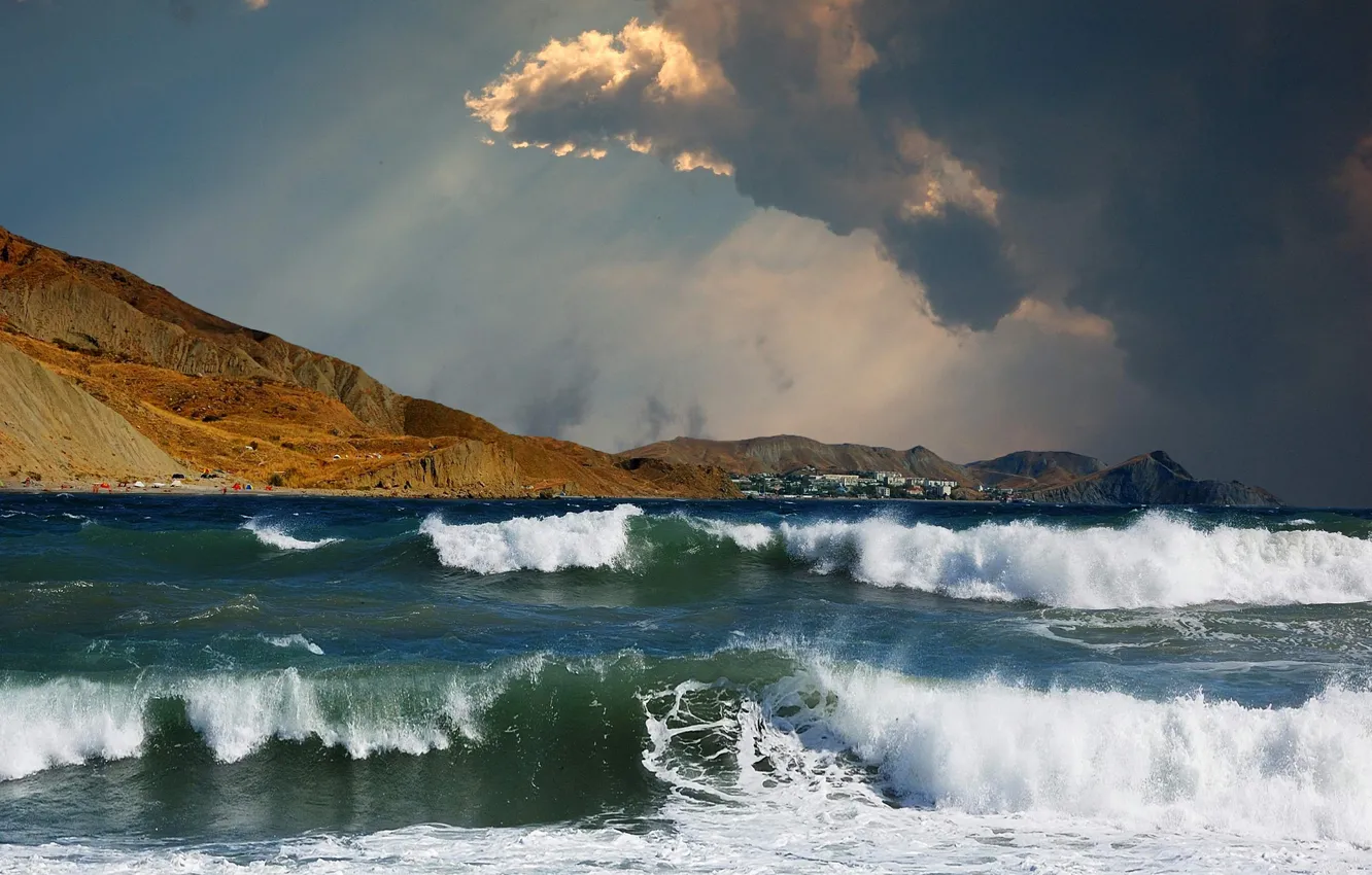 Photo wallpaper wave, the sky, mountains, clouds, storm, the ocean, rocks, horizon