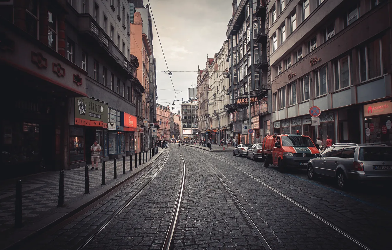 Photo wallpaper street, rails, pavers, Prague, street, Prague, Praha