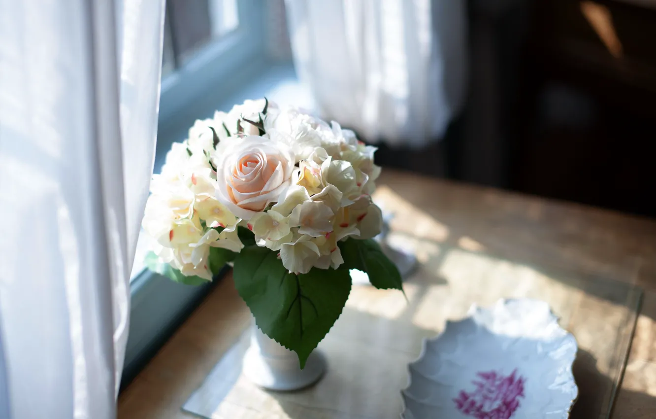 Photo wallpaper roses, bouquet, hydrangea, tulle