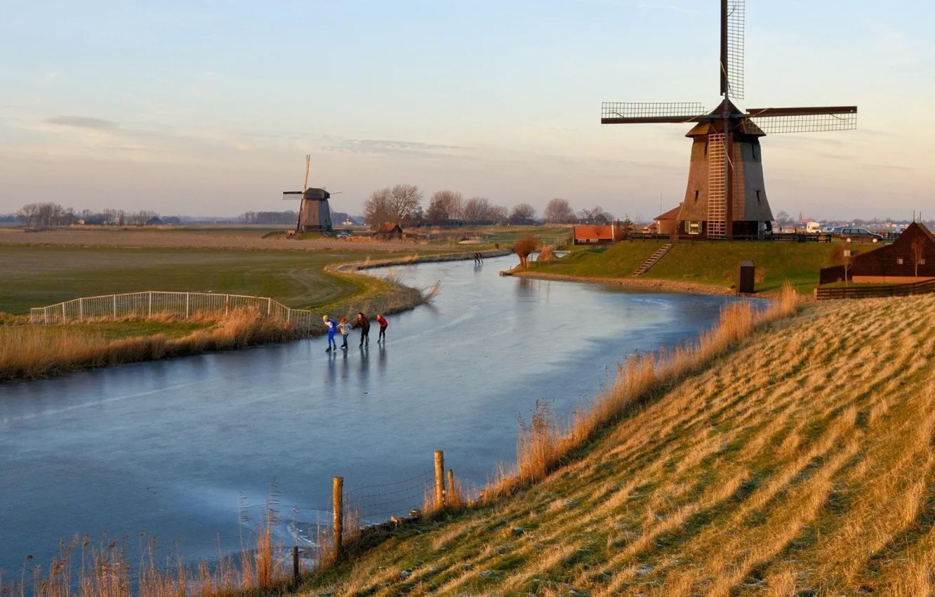 Photo wallpaper Holland, water, cold, The Netherlands, skating on a river in holland
