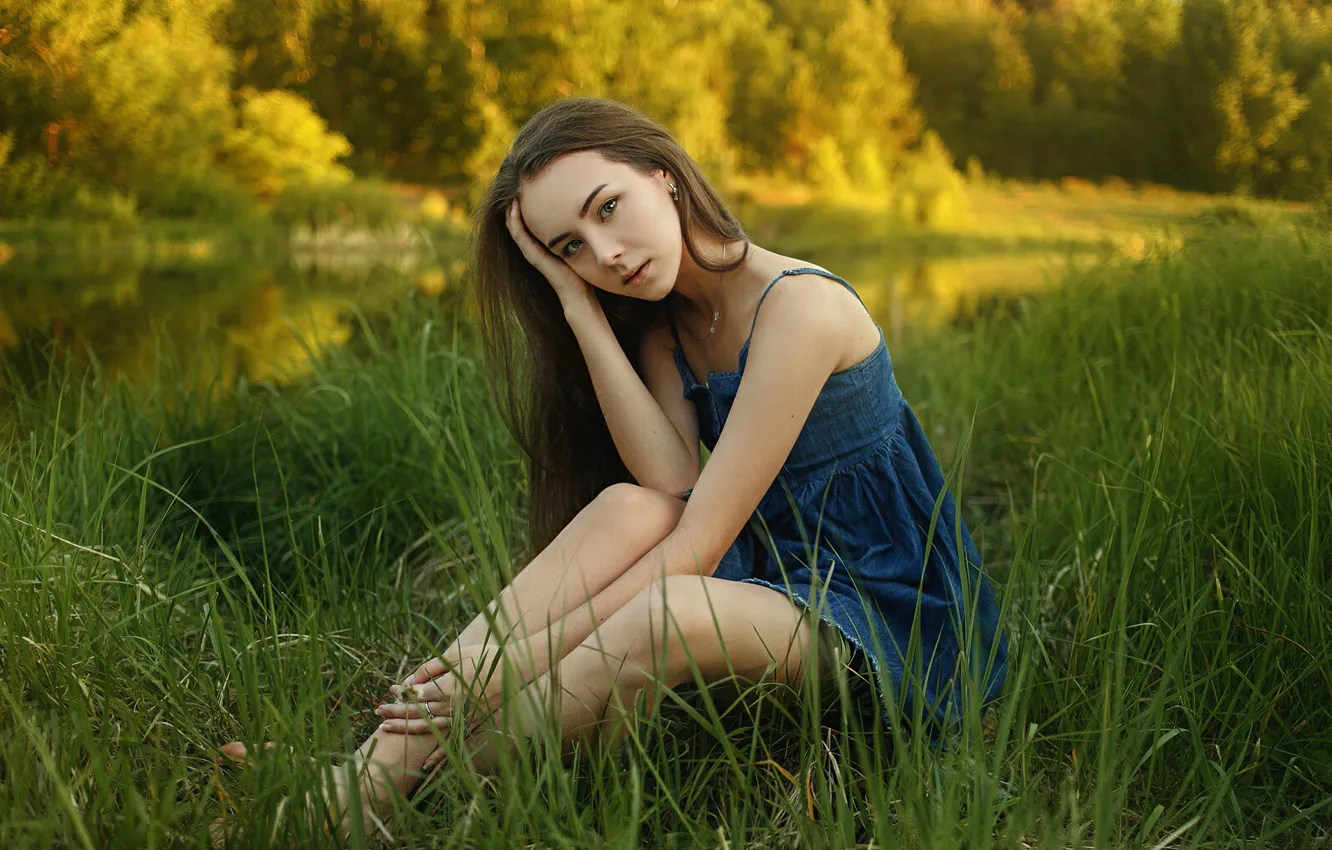 Photo wallpaper grass, dress, trees, nature, model, women, brunette, sitting