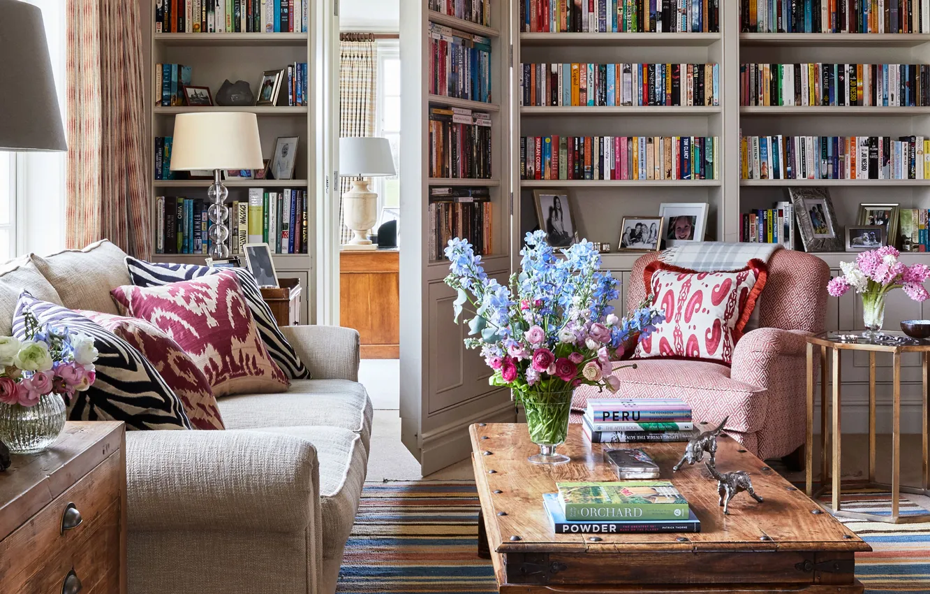 Photo wallpaper room, living room, interior, design, English style, library