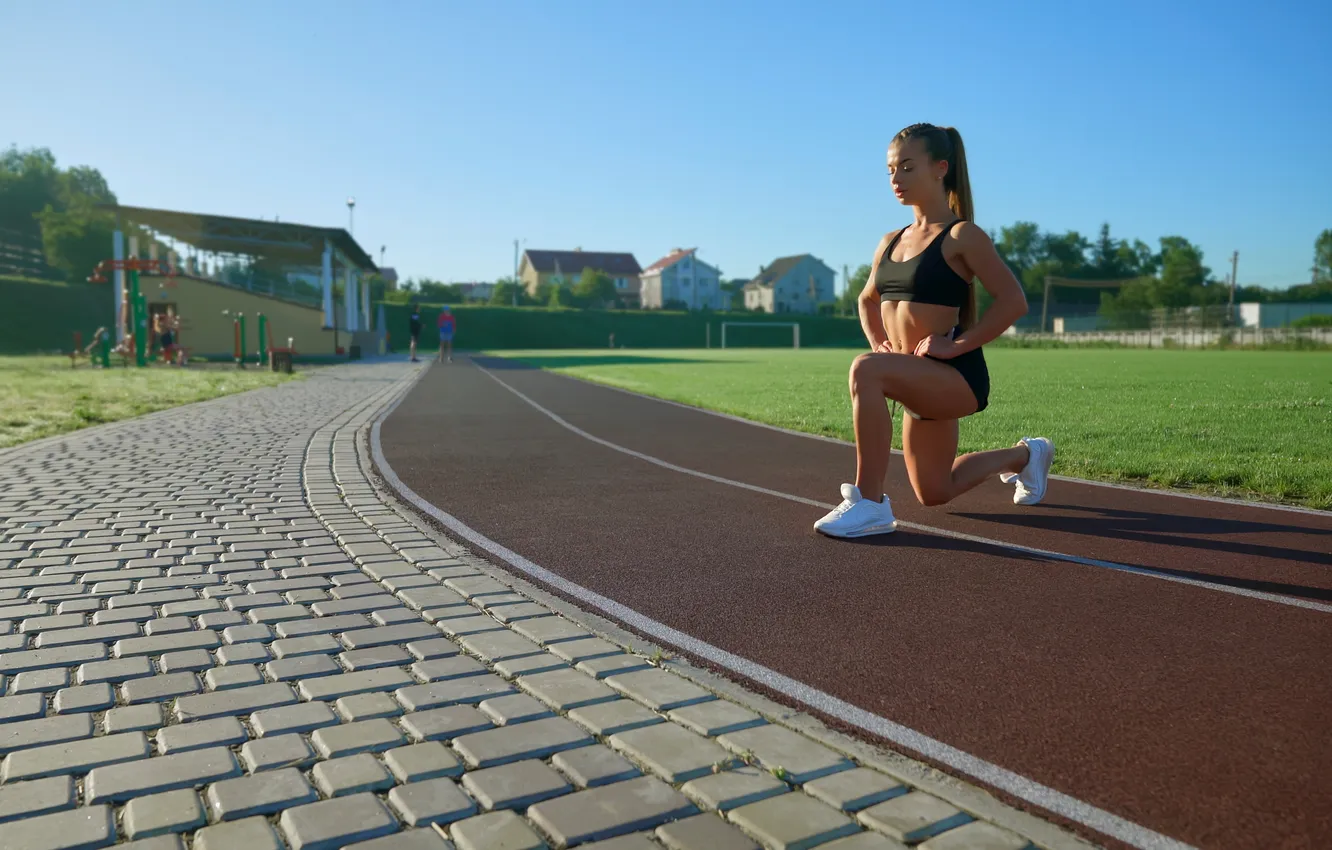 Photo wallpaper model, beauty, sunny day, pose, athlete, training, sportswear, warm-up