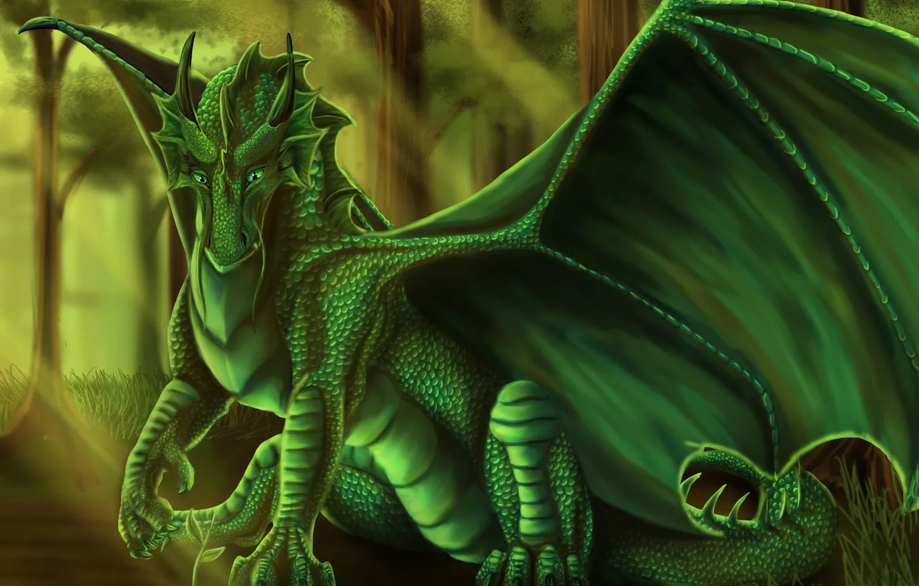 Photo wallpaper forest, trees, green, dragon, Rostock, monster, art, goldenphoenix100