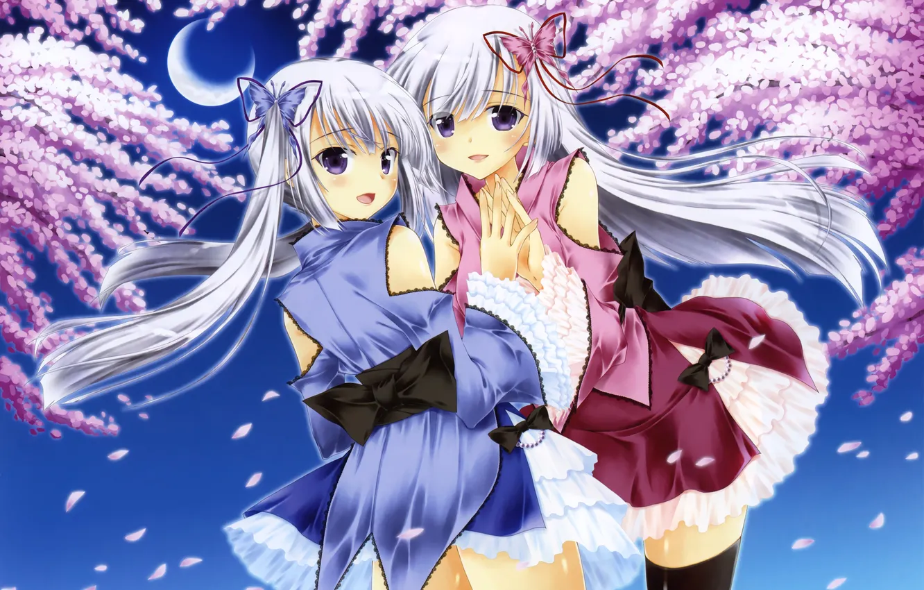 Photo wallpaper girl, trees, night, butterfly, a month, anime, petals, Sakura