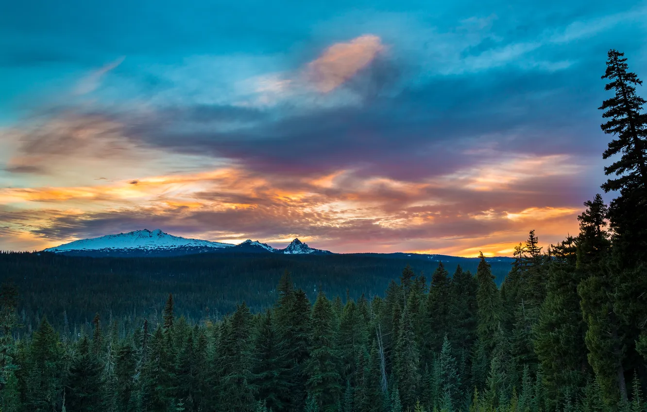 Photo wallpaper forest, landscape, mountains, sunset, Oregon Cascades, Diamond Peak