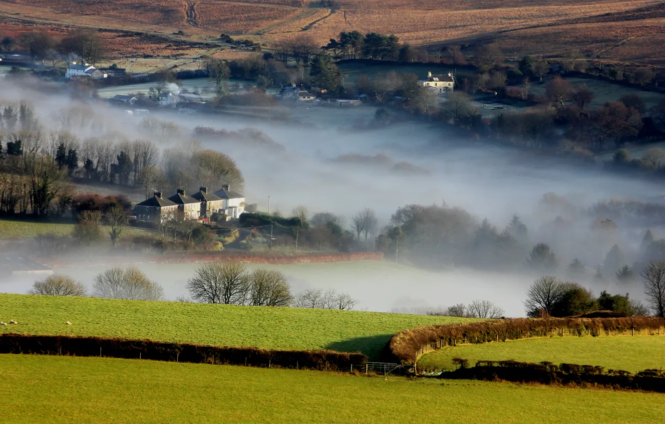 Photo wallpaper fog, field, home, morning, valley