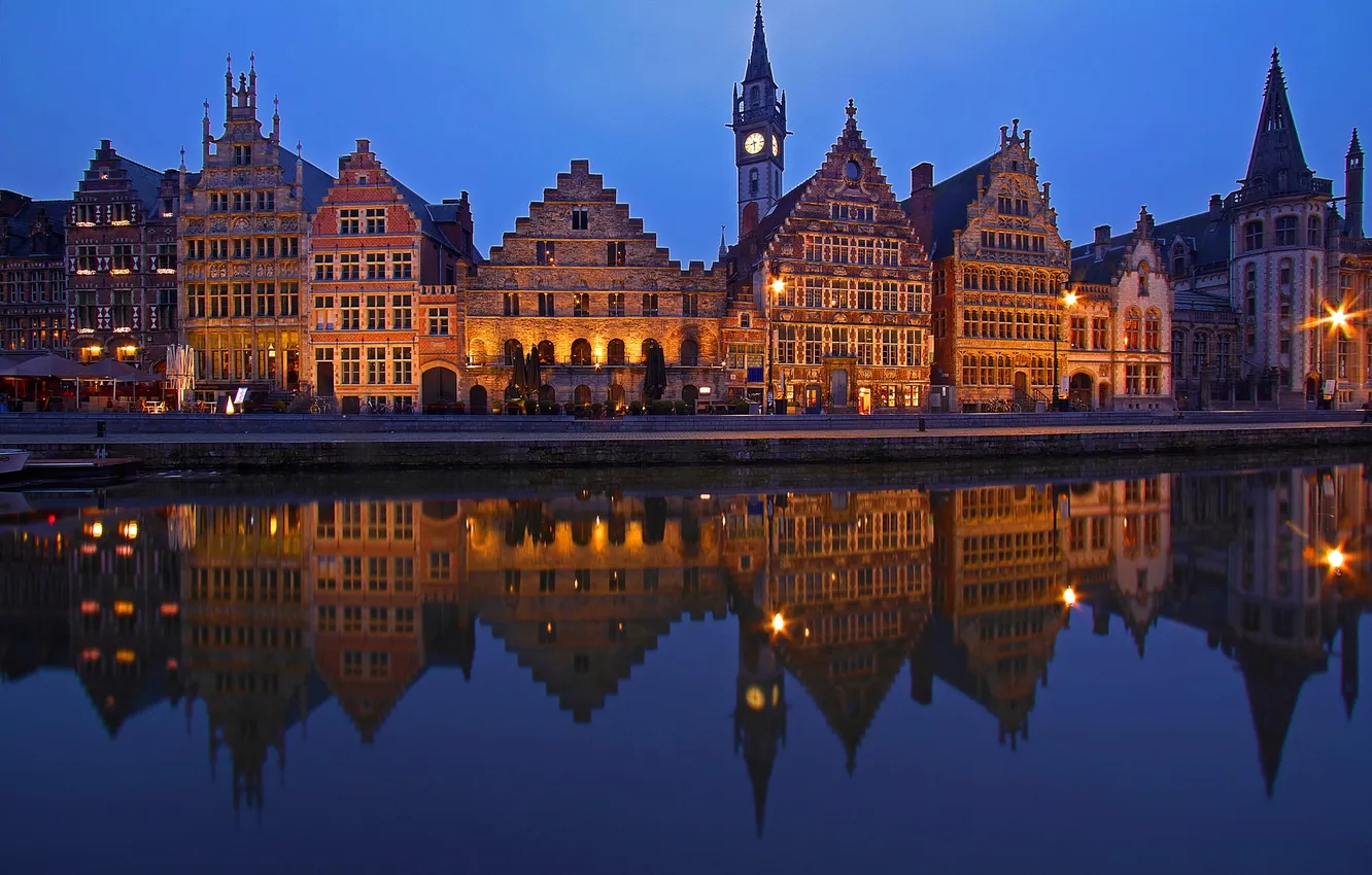 Photo wallpaper night, lights, reflection, home, Belgium, Ghent
