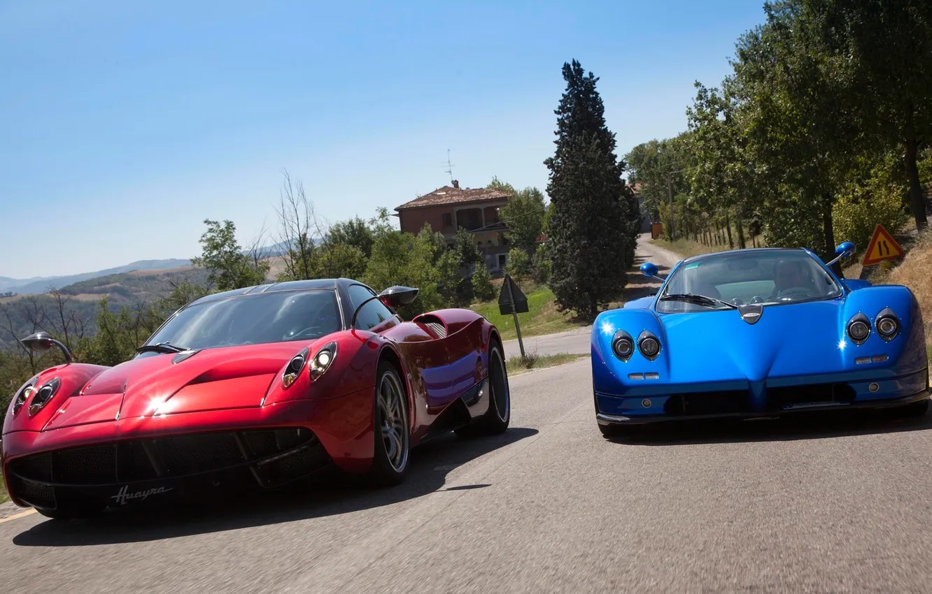 Photo wallpaper road, blue, red, background, supercar, Pagani, Zonda, the front