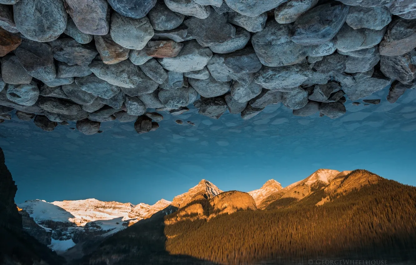 Photo wallpaper water, mountains, lake, reflection, stones