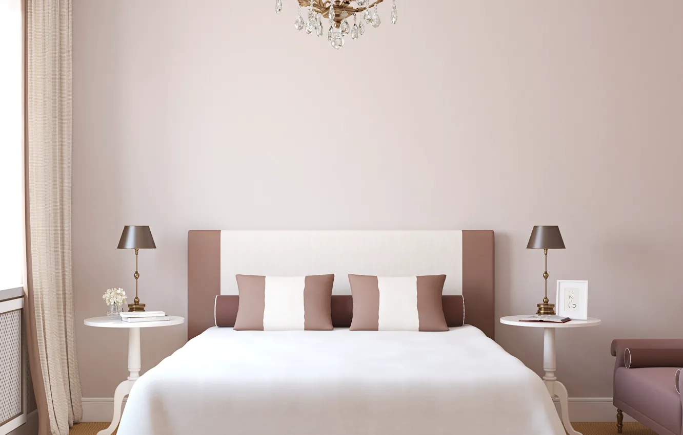 Photo wallpaper design, bed, pillow, chandelier, bedroom, bedroom