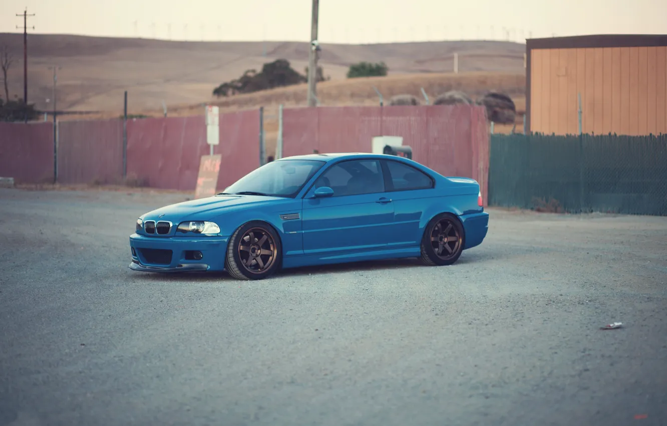 Photo wallpaper blue, bmw, BMW, the fence, front view, blue, e46