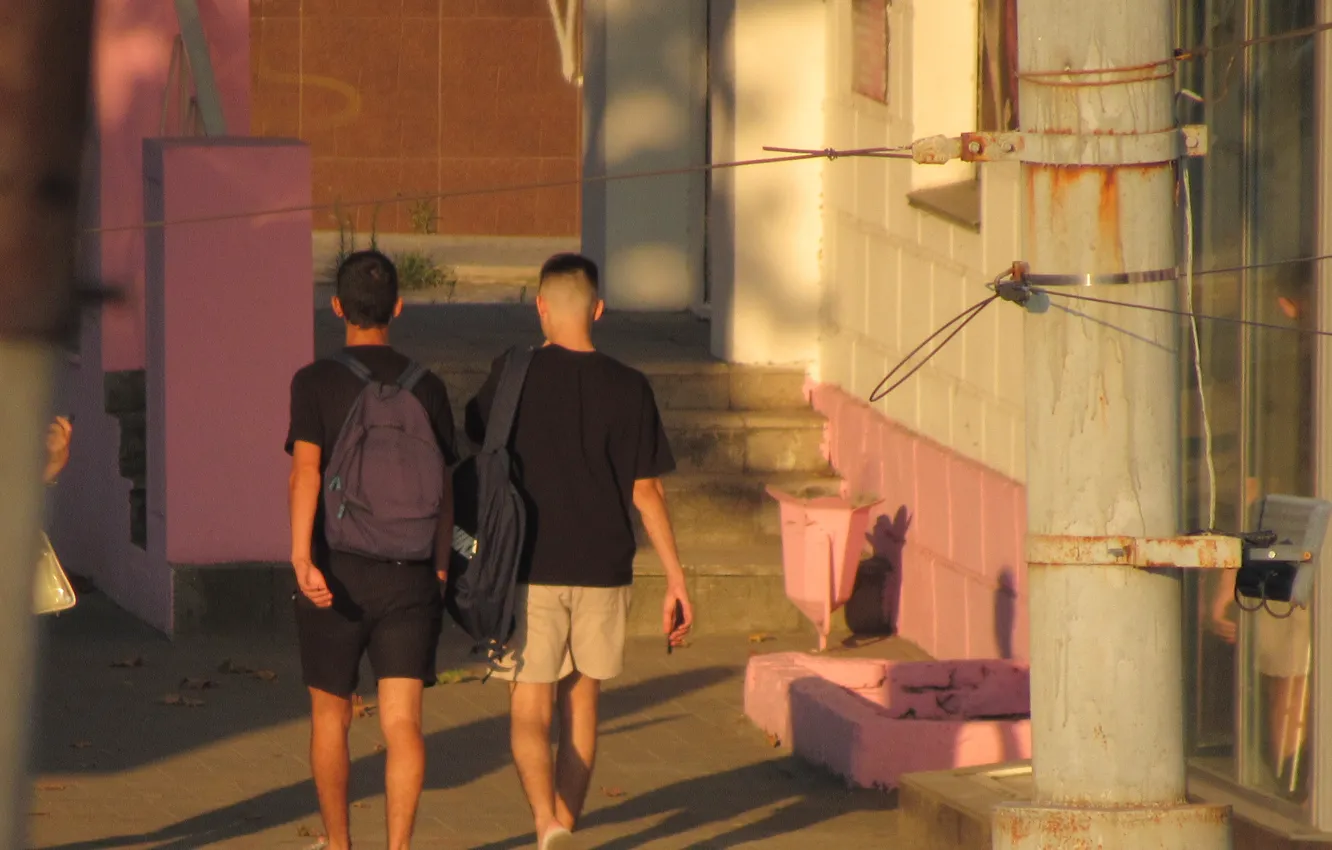 Photo wallpaper the city, street, day, the sidewalk, two guys