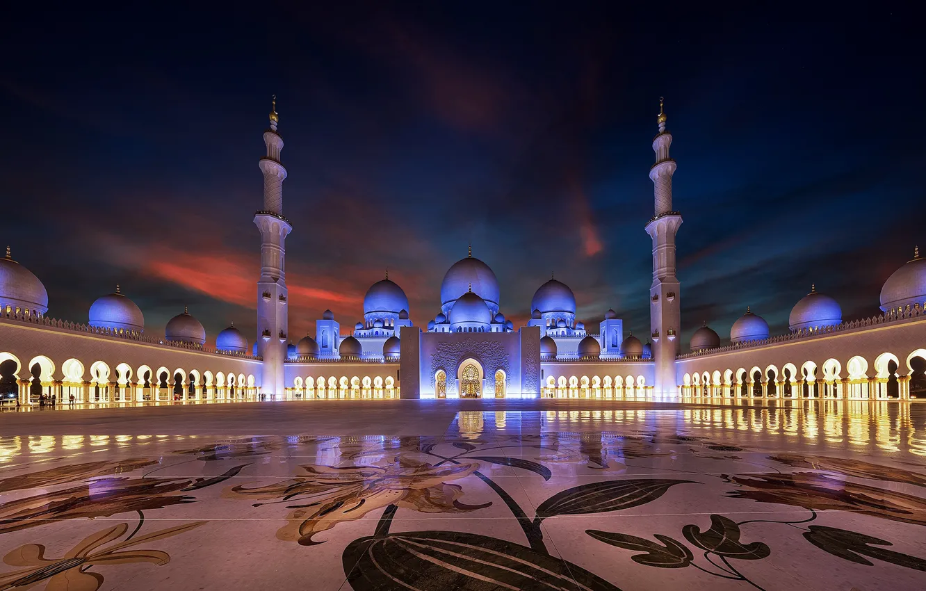 Photo wallpaper night, the city, tower, the evening, backlight, mosque, architecture, the dome