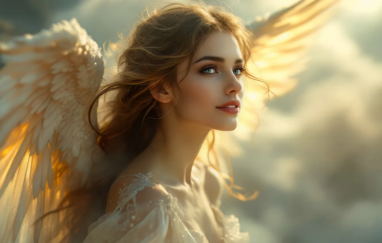 Photo wallpaper the sky, look, girl, clouds, light, wings, angel, feathers