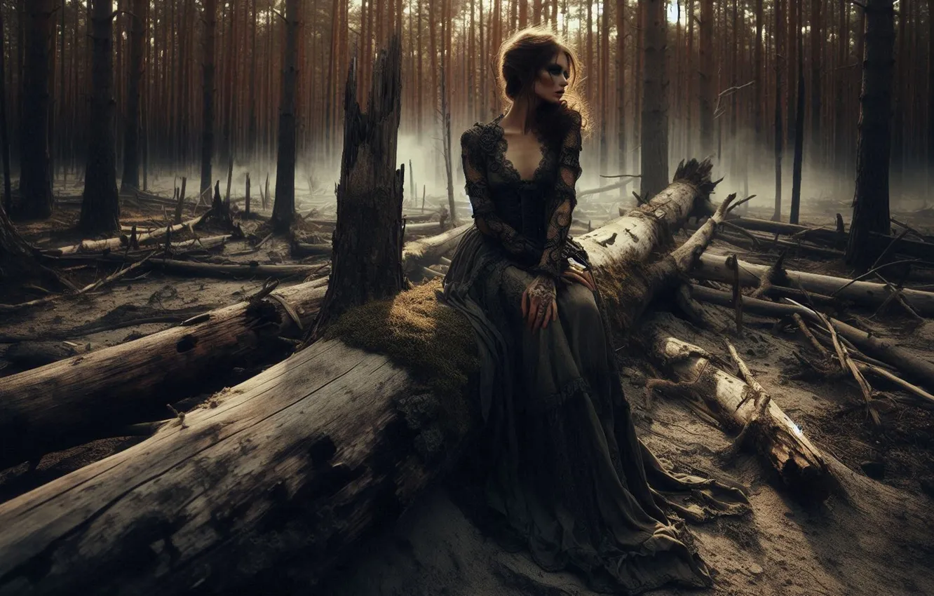 Photo wallpaper forest, girl, light, trees, fog, Gothic, morning, makeup