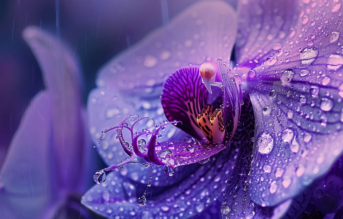 Photo wallpaper purple, drops, macro, flowers, rain, Orchid, lilac, AI art