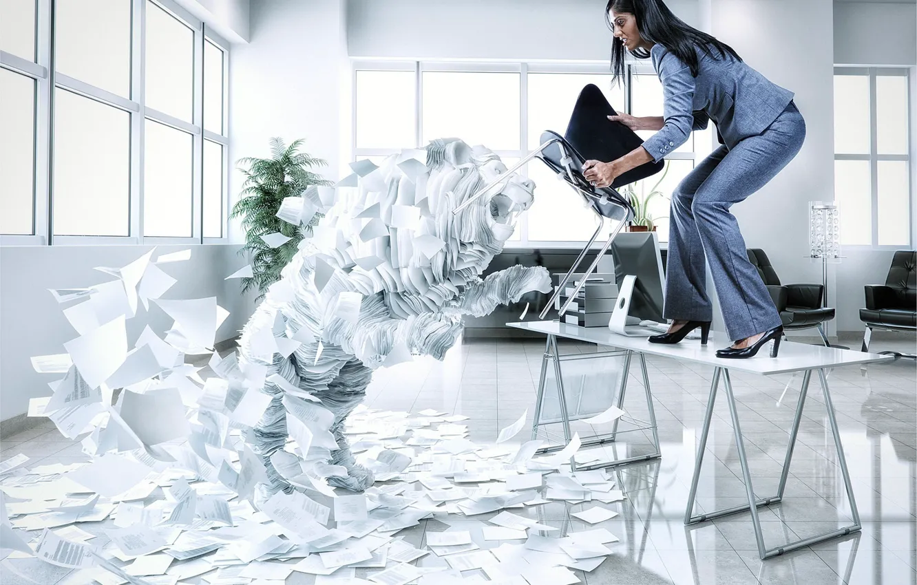 Photo wallpaper girl, rendering, attack, fatigue, the situation, chair, office, paper