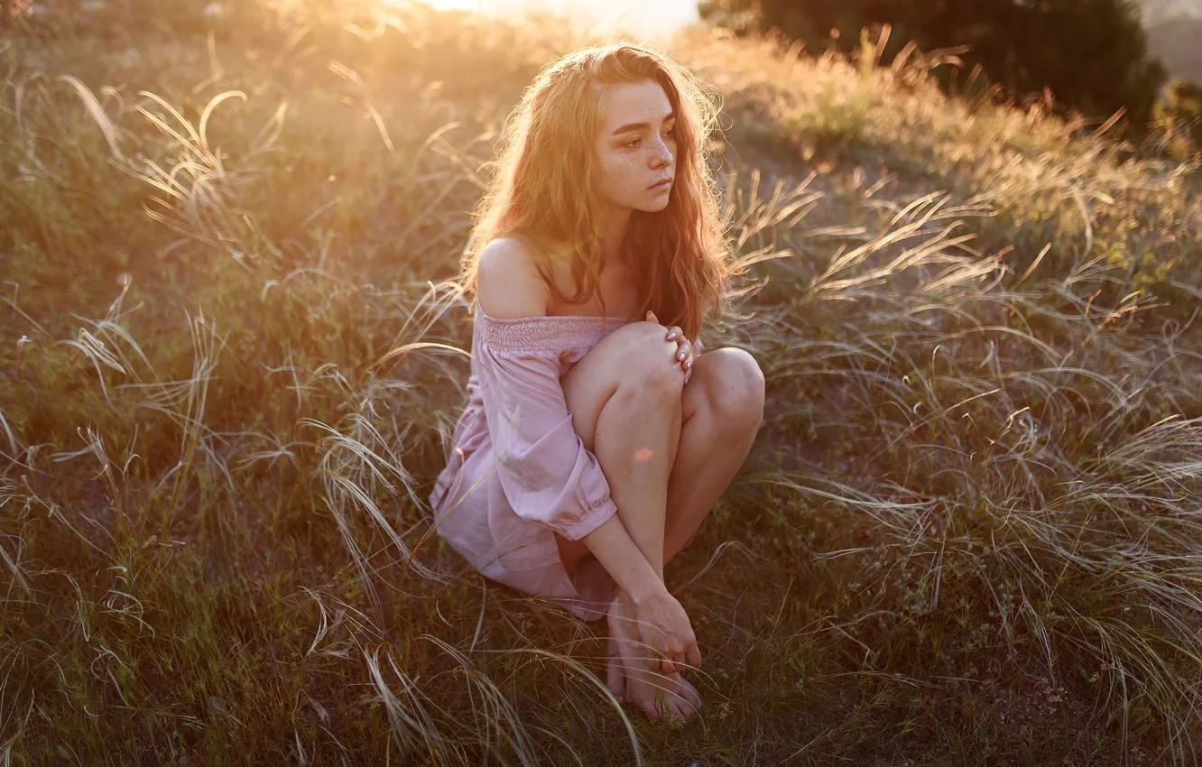 Photo wallpaper girl, grass, long hair, dress, legs, field, brown eyes, photo