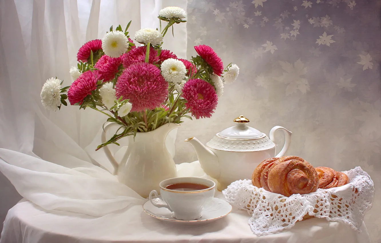 Photo wallpaper flowers, table, tea, Cup, curtains, vase, still life, muffin